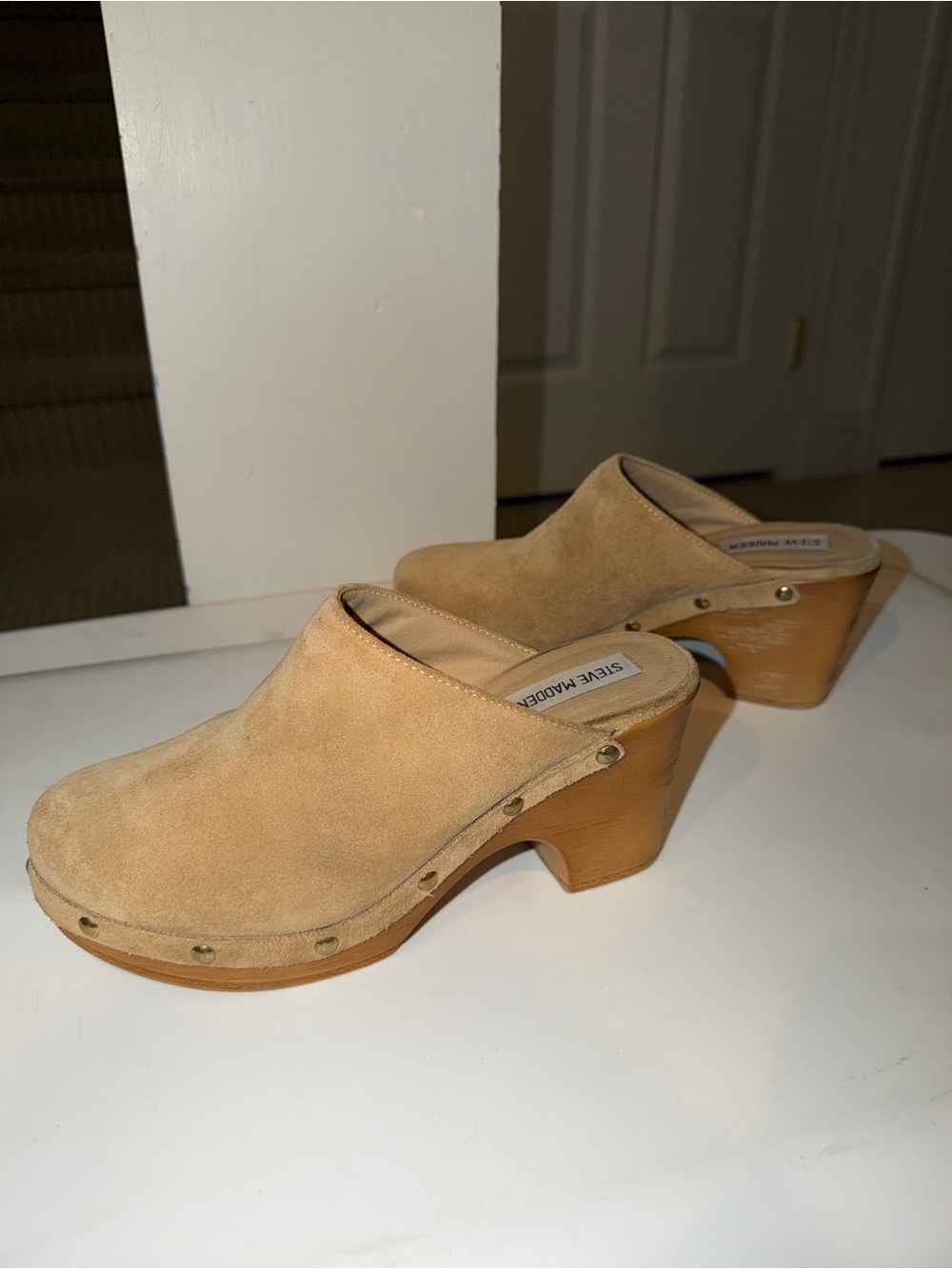 Steve Madden Beige Suede Clog Mules with Stud Trim